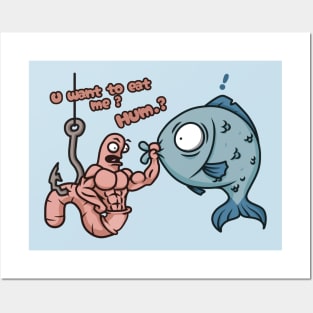 funny bodybuilder gym worm and fish (fishing) design Posters and Art